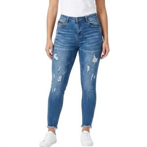 L&B Lucky & Blessed Skinny Jean Women 12 Blue Distressed Mid Rise Raw Hem L18050
